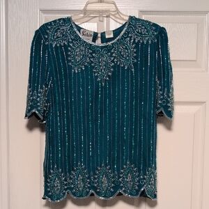 Teal Beaded & Sequin Women's Blouse